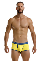 Bright yellow jor 2243 astra trunks briefs with navy blue trim and waistband featuring the jor logo