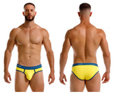 Vibrant yellow jor 2244 astra briefs with contrasting navy blue waistband and trim in a comfortable cotton blend