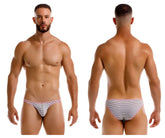 Men’s jor 2249 sour bikini briefs with thin red and white horizontal stripes in gray color for comfortable wear