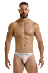 A sleek light pink jor 2253 bright thong with satin finish and silver waistband featuring jor logo