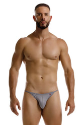 Gray jor 2258 axel g-string athletic briefs with subtle red and white logo on left hip made for comfort and support