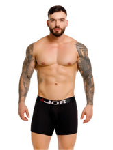 Black jor 2329 cronos boxer briefs with ribbed texture and contrasting elastic waistband featuring jor logo in white