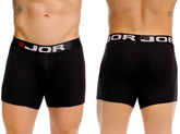 Black ribbed jor 2329 cronos boxer briefs with elastic waistband featuring white jor logo and red star emblem