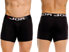 Black ribbed jor 2329 cronos boxer briefs with elastic waistband featuring white jor logo and red star emblem