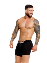 Black ribbed boxer briefs with a black waistband featuring jor logo and red star emblem in the front view