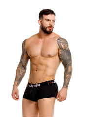 Black ribbed jor 2330 cronos trunks boxer briefs with white logo and red star emblem on waistband in black