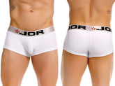 White jor 2330 cronos trunks with ribbed texture and silver waistband featuring black lettering and red star logos