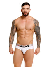 White jor 2331 cronos briefs with silver waistband featuring black lettering and red star logo front view
