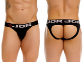 Black jor 2332 cronos thong with white lettering and a red star on the front waistband designed for comfort and style