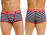 Navy and white striped jor 2334 santorini trunks with red trim and jor logo waistband boxer briefs