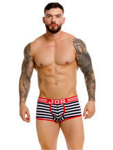 Jor 2334 santorini trunks striped navy and white briefs with red trim and jor logo waistband for men