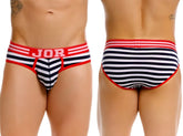Navy and white striped jor 2335 santorini briefs with red trim and logo waistband for comfortable daily wear