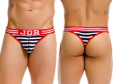 Navy and white striped thong with red trim and jor branding on waistband from jor 2337 Santorini thongs color stripes collection