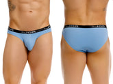Light blue jor 2346 cannes bikini briefs with black elastic waistband featuring white star and logo print