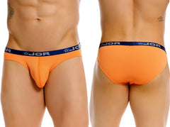 Orange jor 2346 cannes bikini briefs with navy waistband featuring white lettering and star logos front view