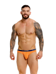 Orange jor 2346 cannes bikini briefs with navy blue waistband featuring white lettering and star logos