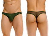 Dark green sheer thong with solid fabric waistband and small red logo on the left side jor 2354 origin thongs