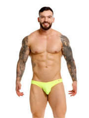 Bright neon yellow jor 2354 origin briefs with a subtle logo on the left hip for comfortable everyday wear