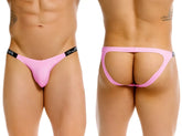 Pink jor 2356 eros jockstrap thong with black elastic waistband and star logo on front waistband