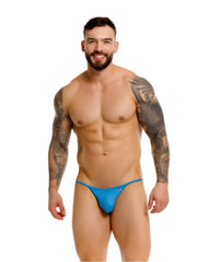 Bright blue form-fitting thong bikini with small logo on left hip from jor 2358 axel bikini color turquoise collection