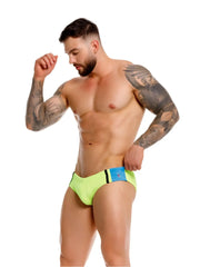 Neon green jor 2384 wind swim briefs with blue and black waistband accent designed for swimming and water sports