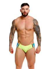 Neon green jor 2384 wind swim briefs with blue and black striped side panels designed for active swimming use