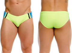 Jor 2384 wind swim briefs in vibrant neon green with blue and black striped side panels for swimming use