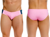Pink jor 2384 wind swim briefs with navy blue side panels and white stripes designed for beach and pool use