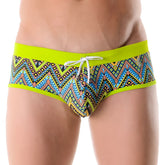 Jor AFRICA brief swimwear size L with vibrant neon green trim and bold multicolored geometric tribal patterns