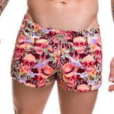Jor arrecife mojito mini shorts swimwear size m vibrant pink maroon skull pattern with tropical flowers and purple birds
