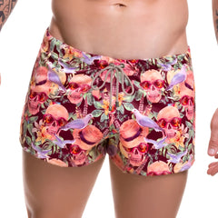 Jor arrecife mojito mini shorts swimwear size m vibrant pink maroon skull pattern with tropical flowers and purple birds