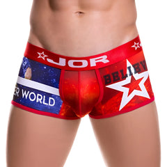 Jor BELIEVE boxer underwear size S in red and blue stretchy fabric with space-themed stars planets and text design