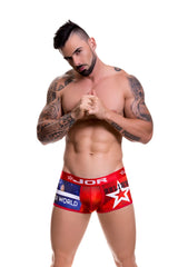 Red star-patterned boxer briefs with bold graphic design and jor brand name prominently displayed size s