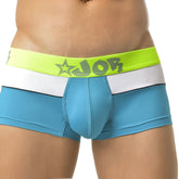 Jor border boxer underwear in turquoise size m with bright neon green waistband gray star job logo and light blue stretch fabric