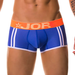 Blue jor electro boxer underwear with white stripes and orange waistband featuring jor logo size m