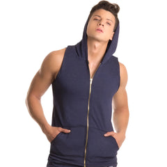 Navy blue sleeveless Jor FIGHTER hoodie tank top with gold zipper and front pockets size large