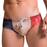 Men’s jor france brief swimwear 0585 size m with distressed denim look and red white navy vertical stripes
