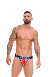 Red white and blue striped jor brand frankie thong underwear size l with star logo on waistband in front view
