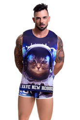 Jor galactic navy blue sleeveless tank top with astronaut tabby cat graphic and i have new hobbies text xl size