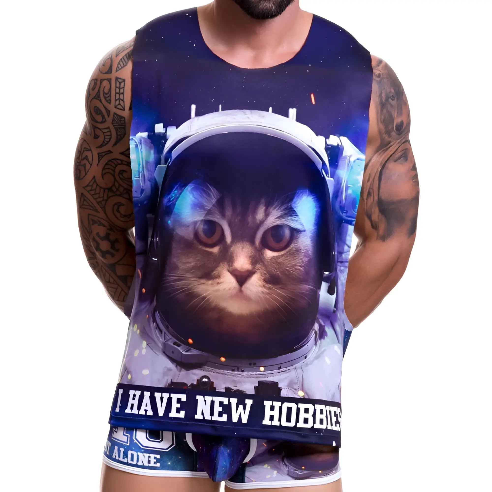 A navy blue sleeveless jor galactic tank top featuring a 3d-printed astronaut cat graphic with text size xl