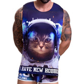 A navy blue sleeveless jor galactic tank top featuring a 3d-printed astronaut cat graphic with text size xl