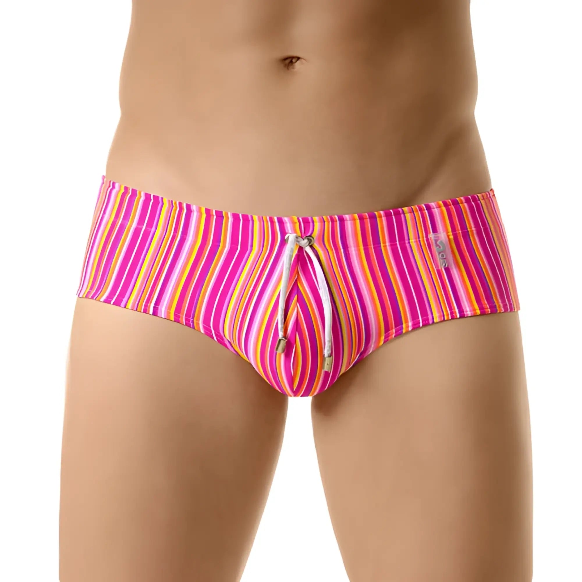 Jor gum brief swimwear size m featuring vibrant pink and orange striped swim trunks with drawstring waistband