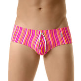 Jor gum brief swimwear size m featuring vibrant pink and orange striped swim trunks with drawstring waistband