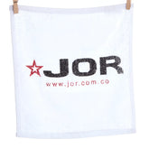 White terry cloth jor gym towel mini towel with black and red embroidered logo and star in one size