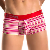 Pink and white striped jor lines boxer underwear with red waistband and silver branding in size medium