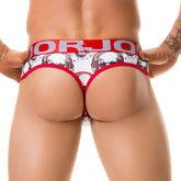 Red and white patterned men’s briefs with skull headphones design branded orjo waistband jor music thong underwear xl