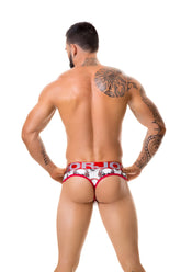 Jor music thong underwear size xl in red and white pattern with bold orjo logo across the waistband