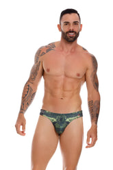 Green camouflage-patterned men’s briefs with black waistband jor shark thong swimwear size L front view