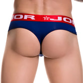 Navy blue jor soft bikini thong underwear with red waistband white jor lettering and star logo size s front view