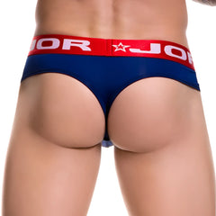Navy blue jor soft bikini thong underwear with red waistband white jor lettering and star logo size s front view